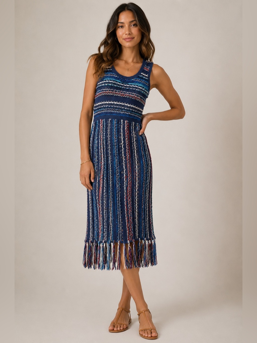 Derek Lam Sleeveless Knit Fringe Multicolor Boho Sweater Dress Size S Fall
